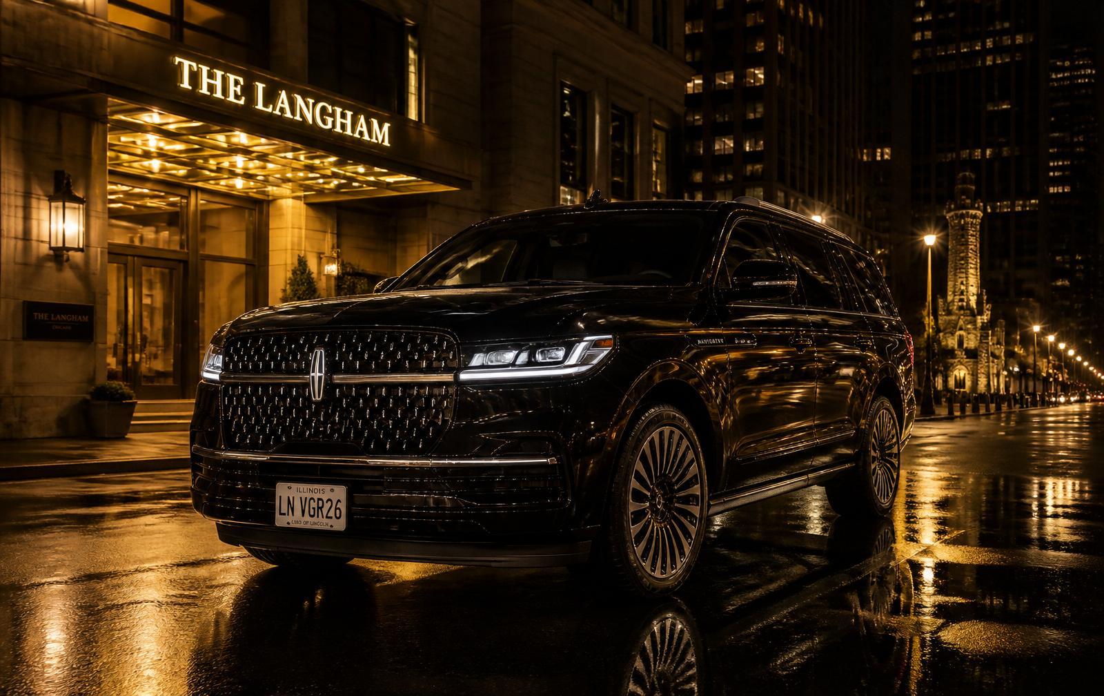Black Lincoln Navigator outside The Langham hotel in downtown Chicago at night