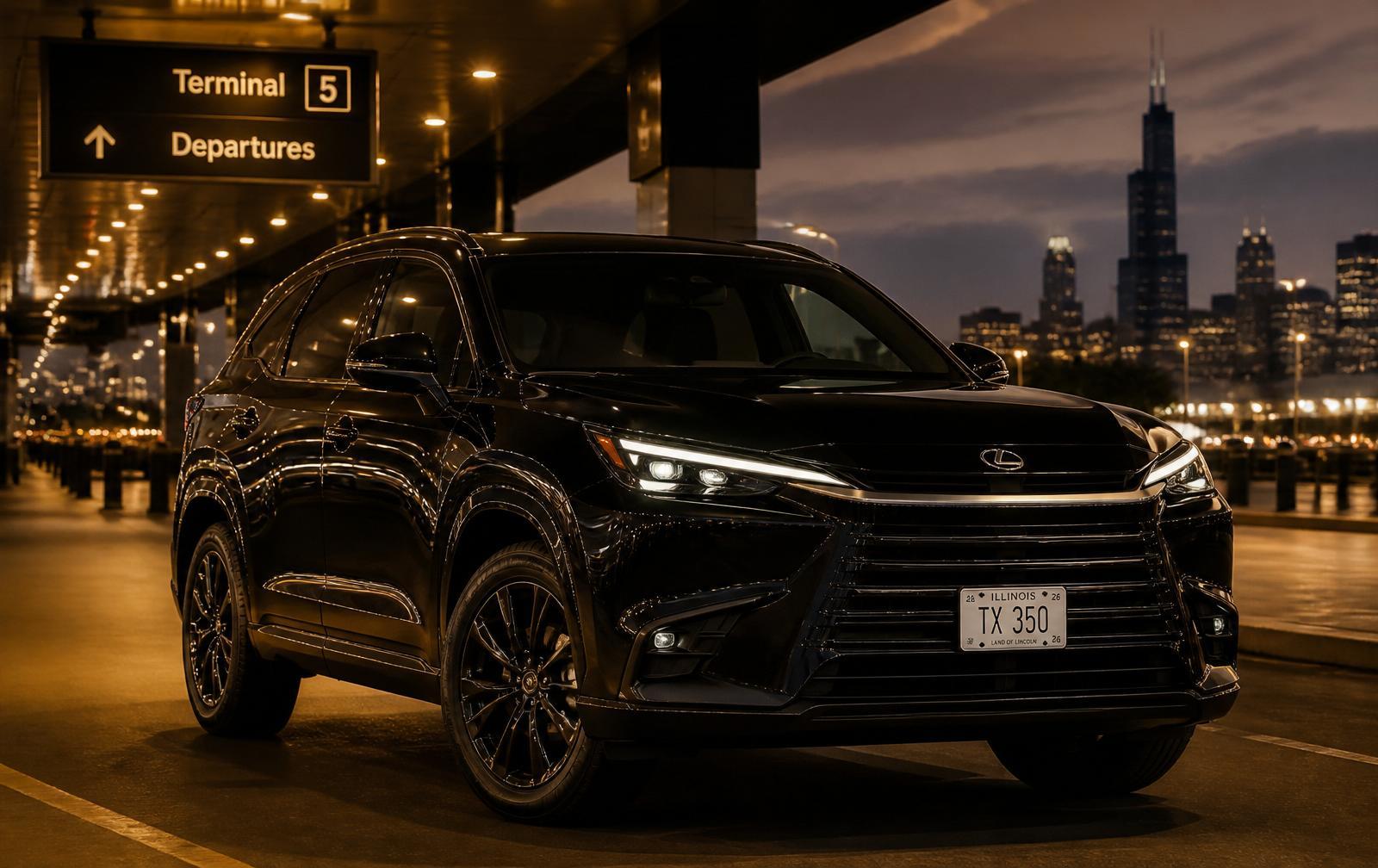 Black luxury sedan waiting at a Chicago airport terminal at dusk