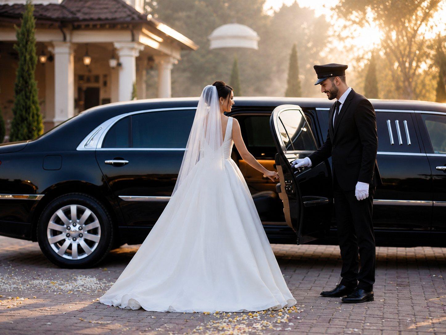 Chauffeur holding the limousine door open for a bride on her wedding day
